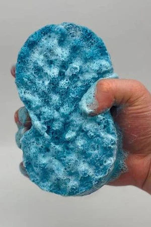 Front View Of A Soap Sponge Squished in a Hand