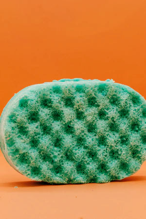  Front View Of A Green Soap Sponge On A Orange Background 