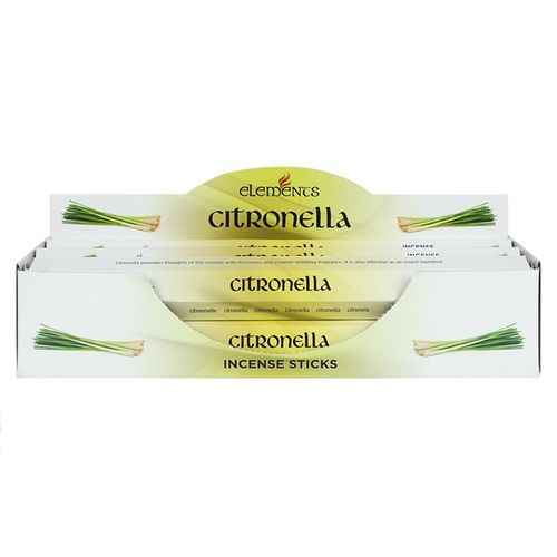 A box of 6 packs of Citronella fragranced incense sticks by Elements. Each pack contains 20 incense sticks